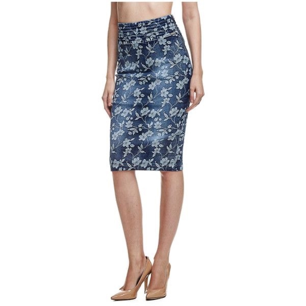 Guess High-Waisted Floral Print Denim Skirt